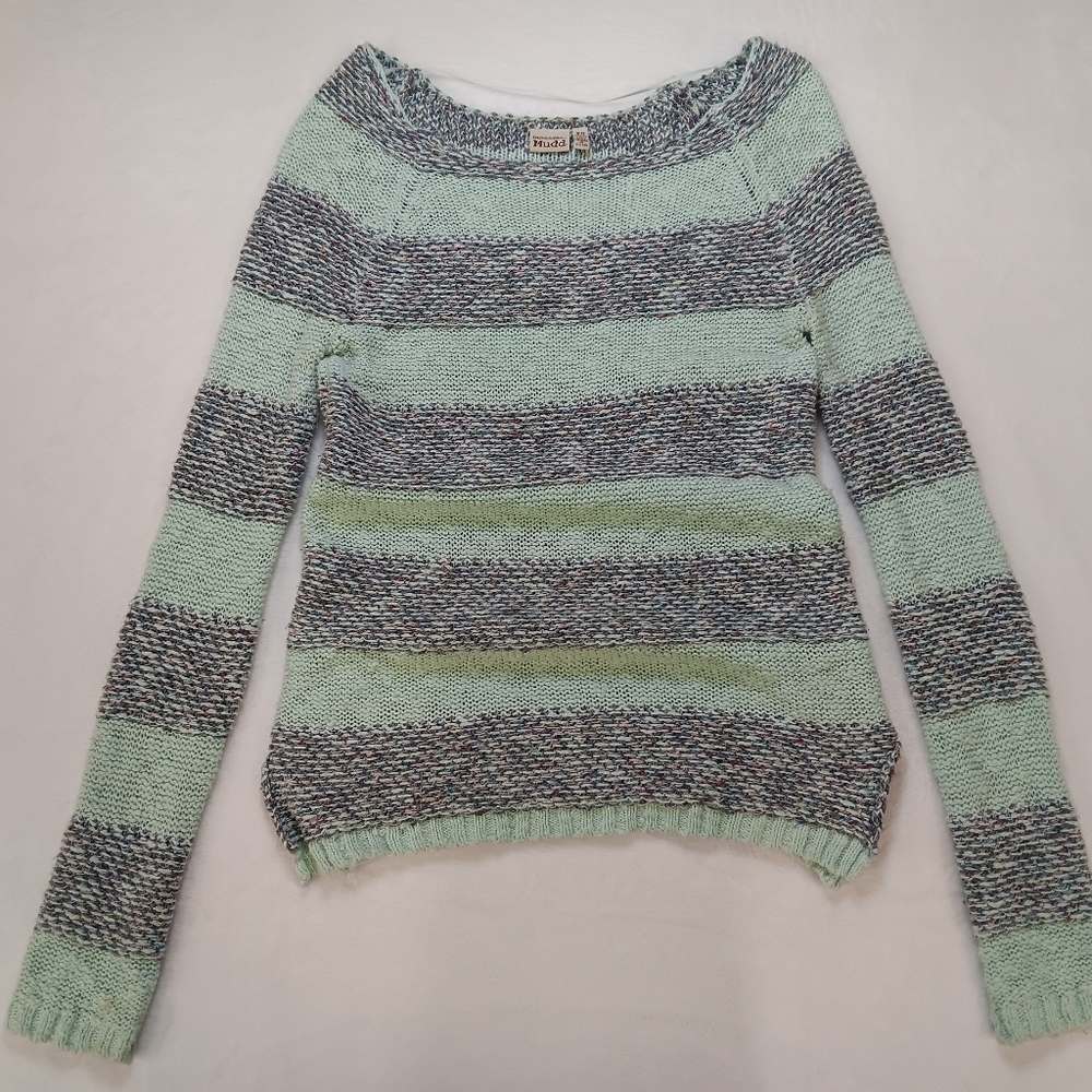 Y2k Mudd Women's Knit Sweater - Mint and Gray Stripes Size XS